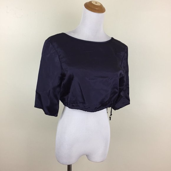 ODE TO JEUNE Dark Purple Sateen/Satin Drawstring Hem Cropped Shirt Top - Picture 7 of 9